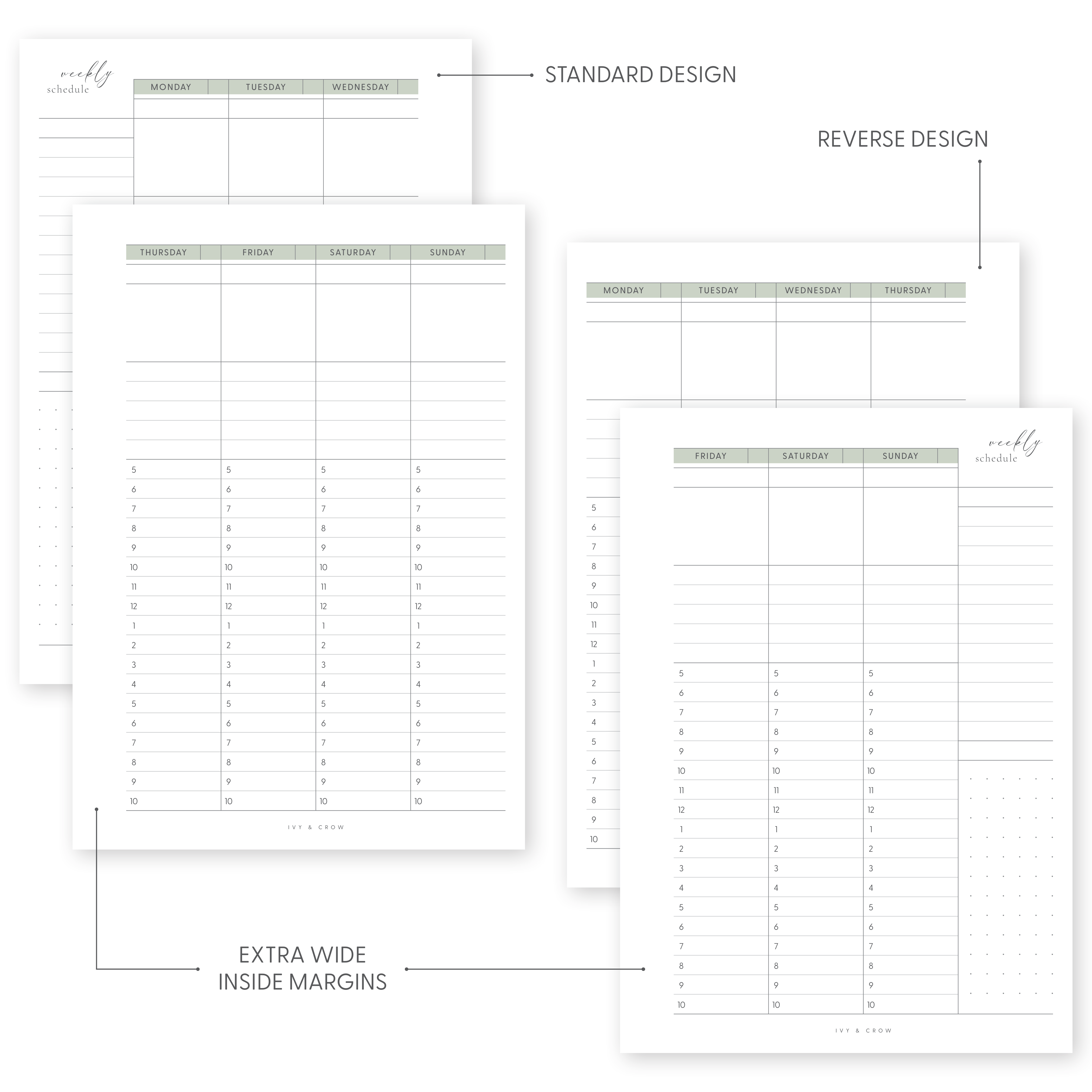 Example of standard and reverse designs with extra wide inside margins.